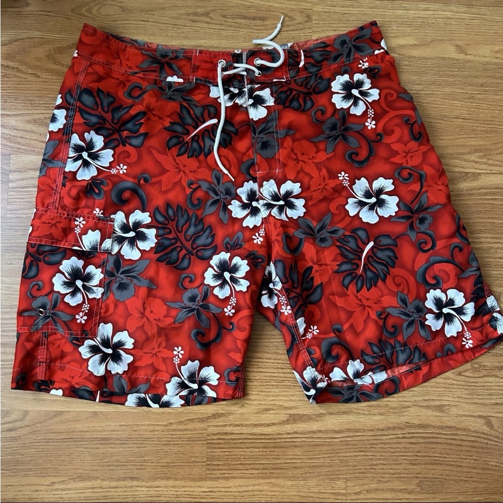 Anchor Blue Swim Board Shorts Men's Size 38 - Red Tropical Hibiscus